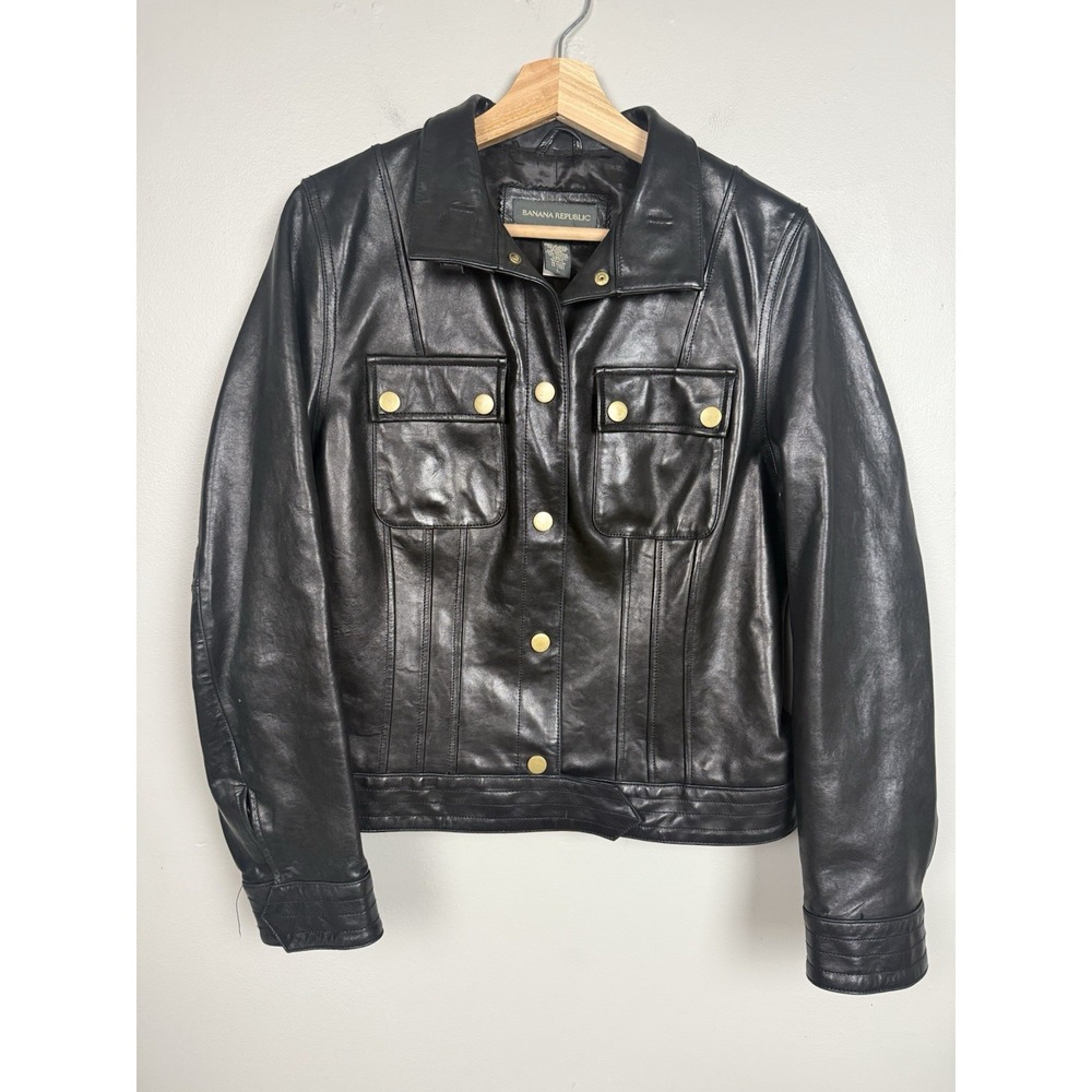 Vtg Banana Republic Rare Leather Moto Trucker Jacket Gold Snaps Womens L Y2K 90s